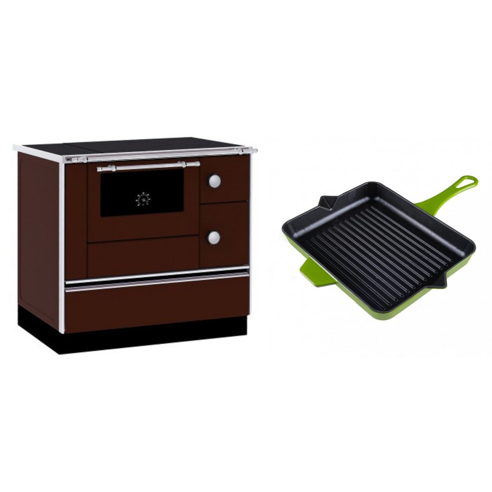 Set Küchenofen / Küchenhexe mit Backofen und Kochplatte Alfa Plam, Modell Alfa 90 H Favorit Braun, Leistung 6.4kW + Emaillierte grillpfanne Gusseisen Solagio, Bamboo, 26x32cm | Kaminofen - Holzofen mit Backfach | Kaminofen |