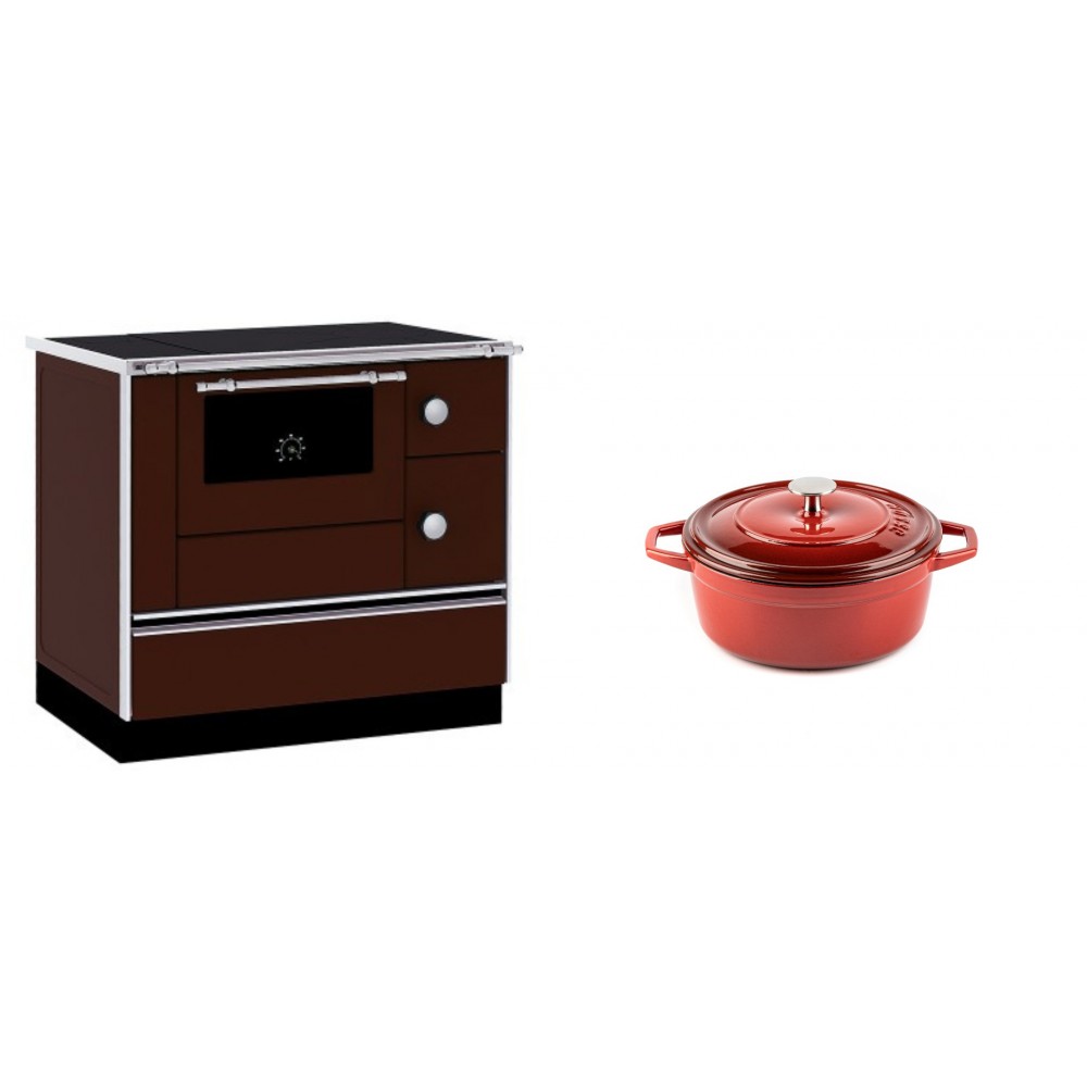 Set Küchenofen / Küchenhexe mit Backofen und Kochplatte Alfa Plam, Modell Alfa 90 H Favorit Braun, Leistung 6.4kW + Gusseisen Topf Tiefer Solagio, Rubin, Ф12 | Kaminofen - Holzofen mit Backfach | Kaminofen |