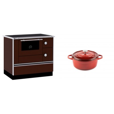 Set Küchenofen / Küchenhexe mit Backofen und Kochplatte Alfa Plam, Modell Alfa 90 H Favorit Braun, Leistung 6.4kW + Gusseisen Topf Tiefer Solagio, Rubin, Ф12 - Kaminofen - Holzofen mit Backfach