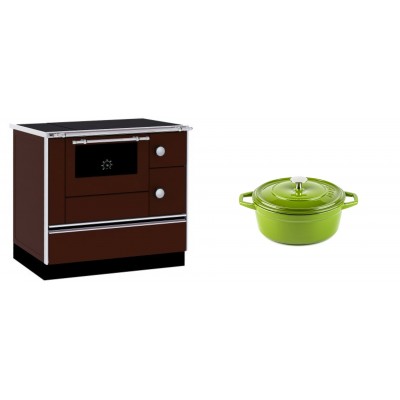 Set Küchenofen / Küchenhexe mit Backofen und Kochplatte Alfa Plam, Modell Alfa 90 H Favorit Braun, Leistung 6.4kW + Gusseisen Topf Tiefer Solagio, Bamboo, Ф12 - Kaminofen - Holzofen mit Backfach