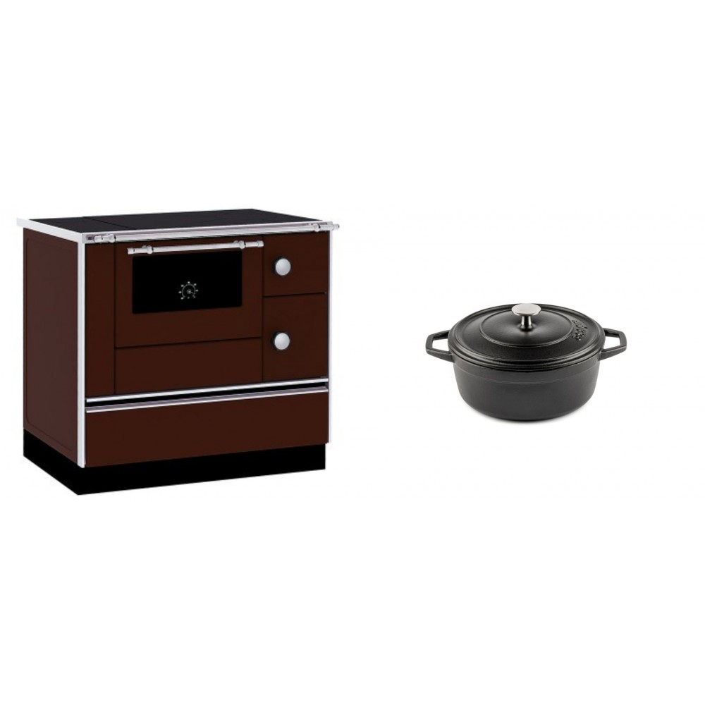 Set Küchenofen / Küchenhexe mit Backofen und Kochplatte Alfa Plam, Modell Alfa 90 H Favorit Braun, Leistung 6.4kW + Gusseisen Topf Tiefer Solagio, Black Onyx, Ф12