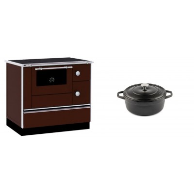 Set Küchenofen / Küchenhexe mit Backofen und Kochplatte Alfa Plam, Modell Alfa 90 H Favorit Braun, Leistung 6.4kW + Gusseisen Topf Tiefer Solagio, Black Onyx, Ф12 - Kaminofen - Holzofen mit Backfach