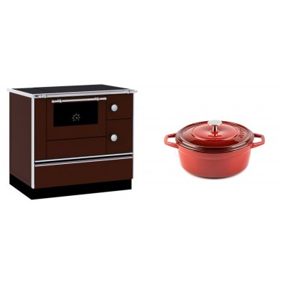 Set Küchenofen / Küchenhexe mit Backofen und Kochplatte Alfa Plam, Modell Alfa 90 H Favorit Braun, Leistung 6.4kW + Gusseisen Topf Tiefer Solagio, Rubin, Ф20 - Kaminofen - Holzofen mit Backfach
