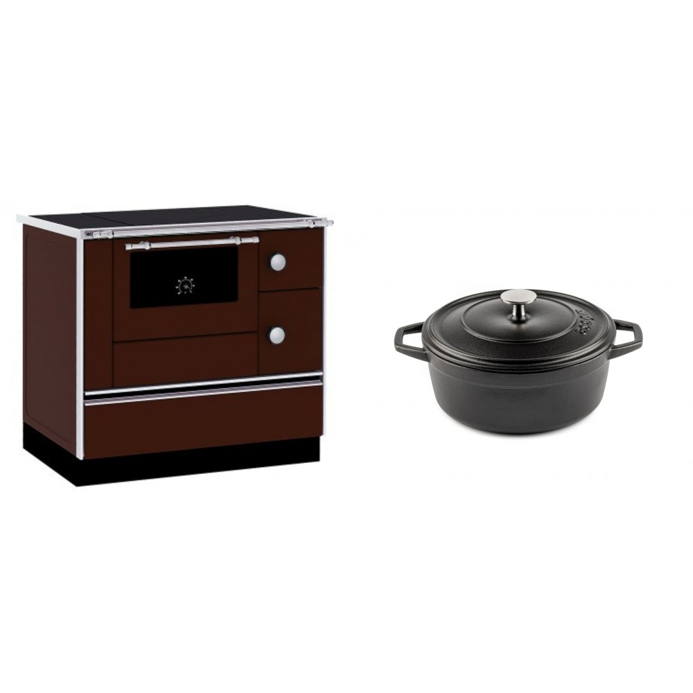 Set Küchenofen / Küchenhexe mit Backofen und Kochplatte Alfa Plam, Modell Alfa 90 H Favorit Braun, Leistung 6.4kW + Gusseisen Topf Tiefer Solagio, Black Onyx, Ф20