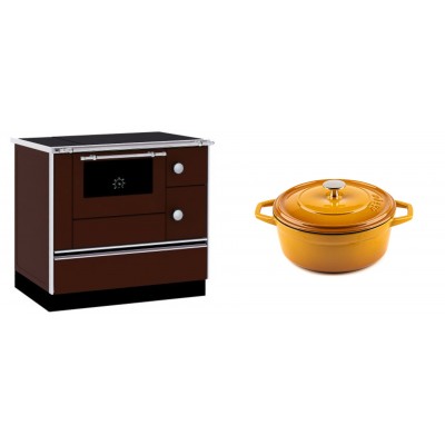 Set Küchenofen / Küchenhexe mit Backofen und Kochplatte Alfa Plam, Modell Alfa 90 H Favorit Braun, Leistung 6.4kW + Gusseisen Topf Tiefer Solagio, Dijon, Ф20 - Kaminofen - Holzofen mit Backfach