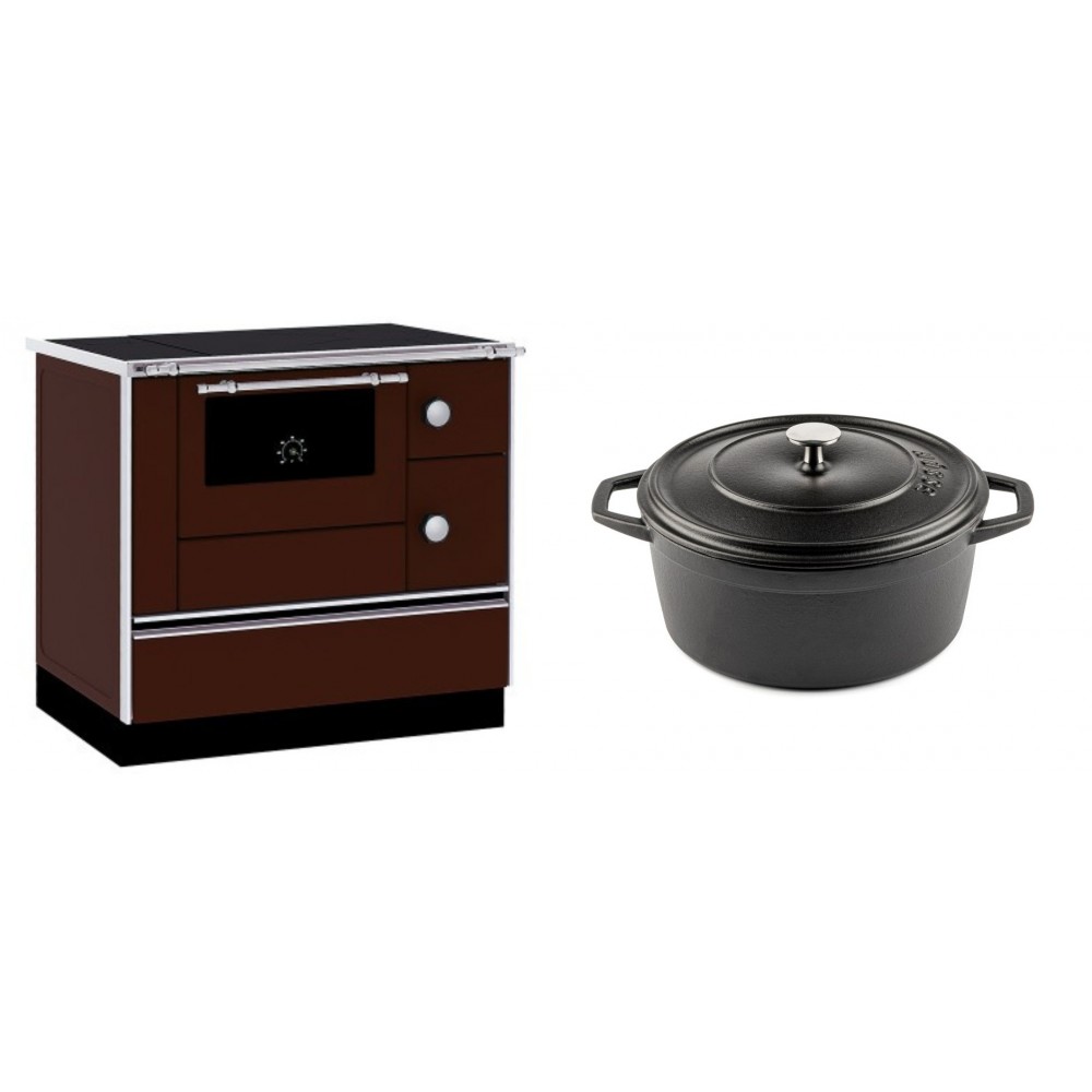 Set Küchenofen / Küchenhexe mit Backofen und Kochplatte Alfa Plam, Modell Alfa 90 H Favorit Braun, Leistung 6.4kW + Gusseisen Topf Tiefer Solagio, Black Onyx, Ф24 | Kaminofen - Holzofen mit Backfach | Kaminofen |