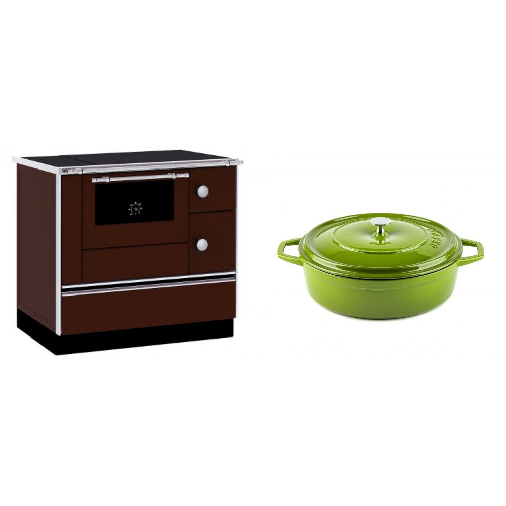 Set Küchenofen / Küchenhexe mit Backofen und Kochplatte Alfa Plam, Modell Alfa 90 H Favorit Braun, Leistung 6.4kW + Gusseisen Topf Flach Solagio, Bamboo, Ф26