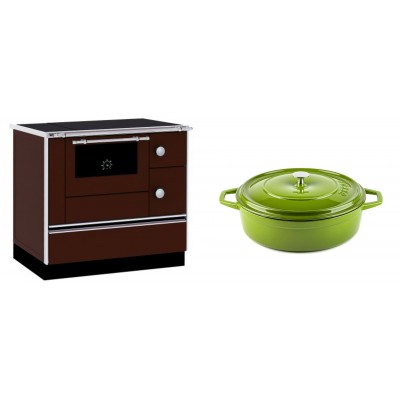 Set Küchenofen / Küchenhexe mit Backofen und Kochplatte Alfa Plam, Modell Alfa 90 H Favorit Braun, Leistung 6.4kW + Gusseisen Topf Flach Solagio, Bamboo, Ф26 - Kaminofen - Holzofen mit Backfach