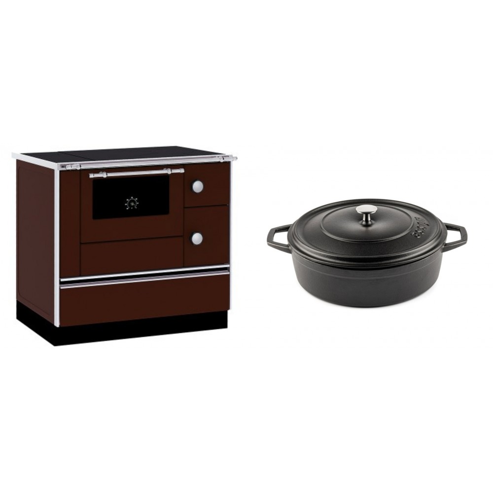 Set Küchenofen / Küchenhexe mit Backofen und Kochplatte Alfa Plam, Modell Alfa 90 H Favorit Braun, Leistung 6.4kW + Gusseisen Topf Flach Solagio, Black Onyx, Ф26