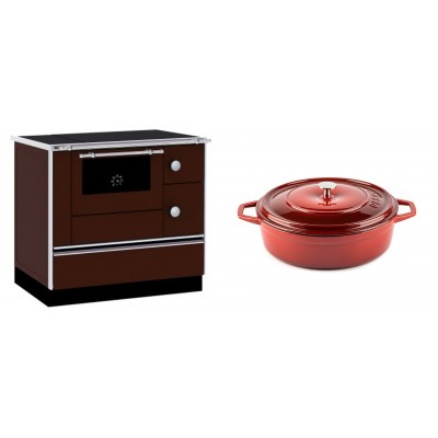 Set Küchenofen / Küchenhexe mit Backofen und Kochplatte Alfa Plam, Modell Alfa 90 H Favorit Braun, Leistung 6.4kW + Gusseisen Topf Flach Solagio, Rubin, Ф26 - Kaminofen - Holzofen mit Backfach