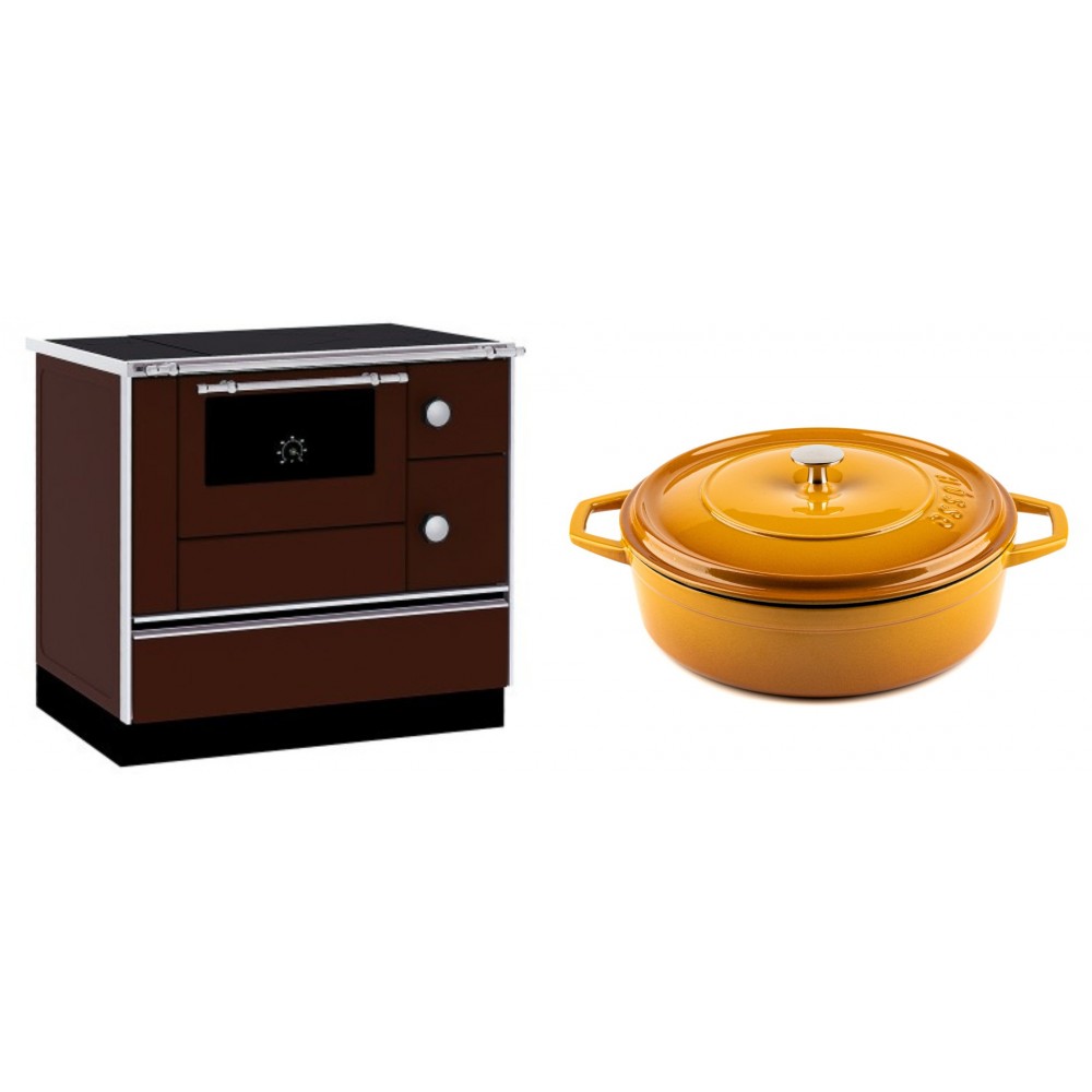 Set Küchenofen / Küchenhexe mit Backofen und Kochplatte Alfa Plam, Modell Alfa 90 H Favorit Braun, Leistung 6.4kW + Gusseisen Topf Flach Solagio, Dijon, Ф28