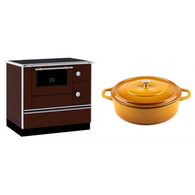 Set Küchenofen / Küchenhexe mit Backofen und Kochplatte Alfa Plam, Modell Alfa 90 H Favorit Braun, Leistung 6.4kW + Gusseisen Topf Flach Solagio, Dijon, Ф28 - Kaminofen - Holzofen mit Backfach