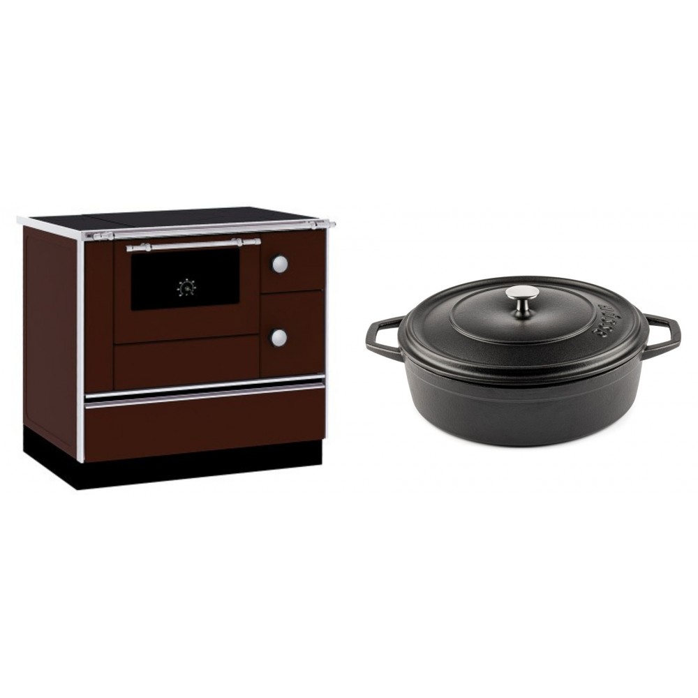 Set Küchenofen / Küchenhexe mit Backofen und Kochplatte Alfa Plam, Modell Alfa 90 H Favorit Braun, Leistung 6.4kW + Gusseisen Topf Flach Solagio, Black Onyx, Ф28 | Kaminofen - Holzofen mit Backfach | Kaminofen |