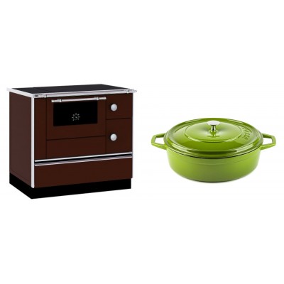 Set Küchenofen / Küchenhexe mit Backofen und Kochplatte Alfa Plam, Modell Alfa 90 H Favorit Braun, Leistung 6.4kW + Gusseisen Topf Flach Solagio, Bamboo, Ф28 - Kaminofen - Holzofen mit Backfach