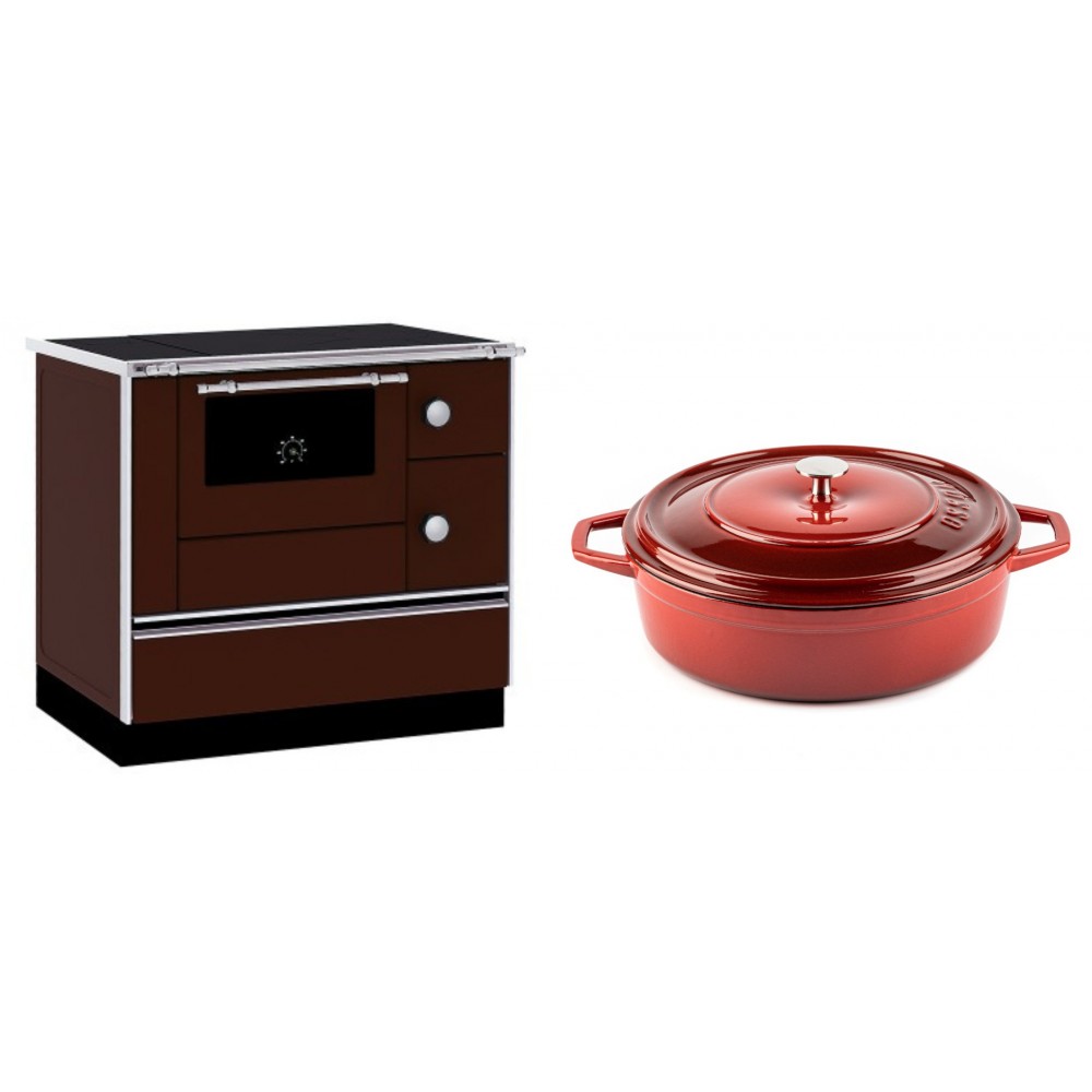 Set Küchenofen / Küchenhexe mit Backofen und Kochplatte Alfa Plam, Modell Alfa 90 H Favorit Braun, Leistung 6.4kW + Gusseisen Topf Flach Solagio, Rubin, Ф28