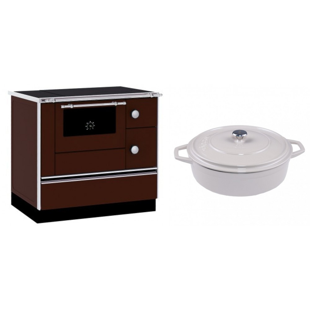 Set Küchenofen / Küchenhexe mit Backofen und Kochplatte Alfa Plam, Modell Alfa 90 H Favorit Braun, Leistung 6.4kW + Gusseisen Topf Flach Solagio, Ivory, Ф28