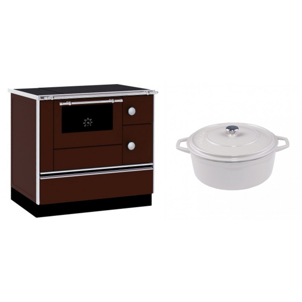 Set Küchenofen / Küchenhexe mit Backofen und Kochplatte Alfa Plam, Modell Alfa 90 H Favorit Braun, Leistung 6.4kW + Gusseisen Topf Tiefer Solagio, Ivory, Ф24 | Kaminofen - Holzofen mit Backfach | Kaminofen |