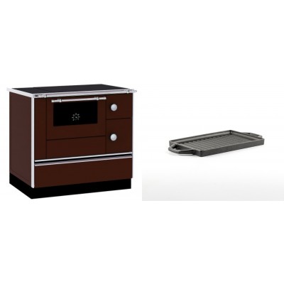 Set Küchenofen / Küchenhexe mit Backofen und Kochplatte Alfa Plam, Modell Alfa 90 H Favorit Braun, Leistung 6.4kW + Mini-Grillplatte aus Gusseisen Solagio, 15.5x22.5cm - Kaminofen - Holzofen mit Backfach
