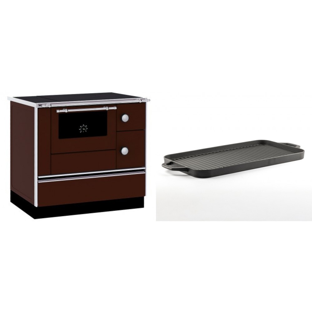 Set Küchenofen / Küchenhexe mit Backofen und Kochplatte Alfa Plam, Modell Alfa 90 H Favorit Braun, Leistung 6.4kW + Große Grillplatte aus Gusseisen Solagio, 25x44cm | Kaminofen - Holzofen mit Backfach | Kaminofen |