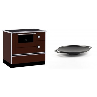 Set Küchenofen / Küchenhexe mit Backofen und Kochplatte Alfa Plam, Modell Alfa 90 H Favorit Braun, Leistung 6.4kW + Backplatte aus Gusseisen Solagio, Ф28cm - Kaminofen - Holzofen mit Backfach