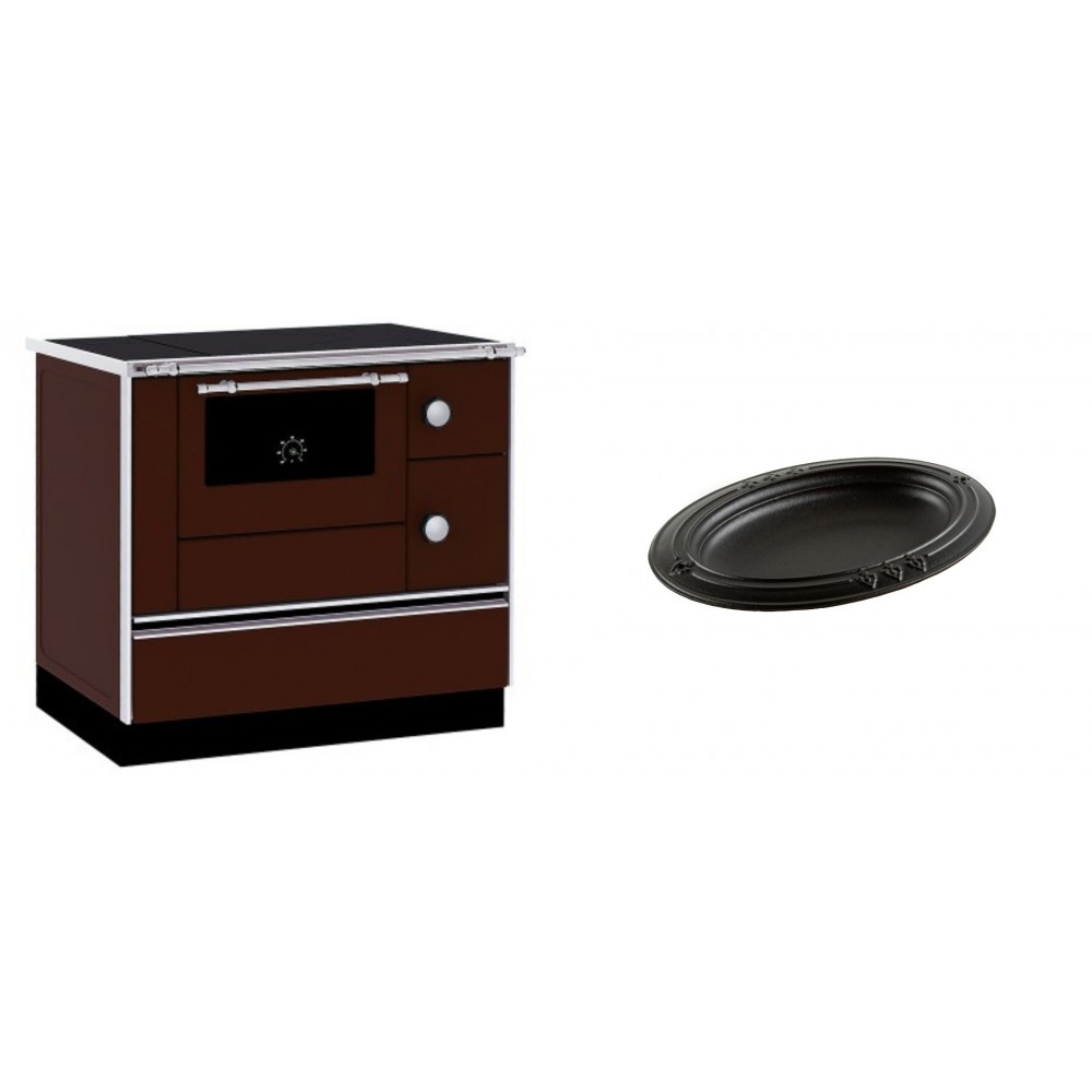 Set Küchenofen / Küchenhexe mit Backofen und Kochplatte Alfa Plam, Modell Alfa 90 H Favorit Braun, Leistung 6.4kW + Gusseiserne auflaufform Solagio oval, 25x33cm