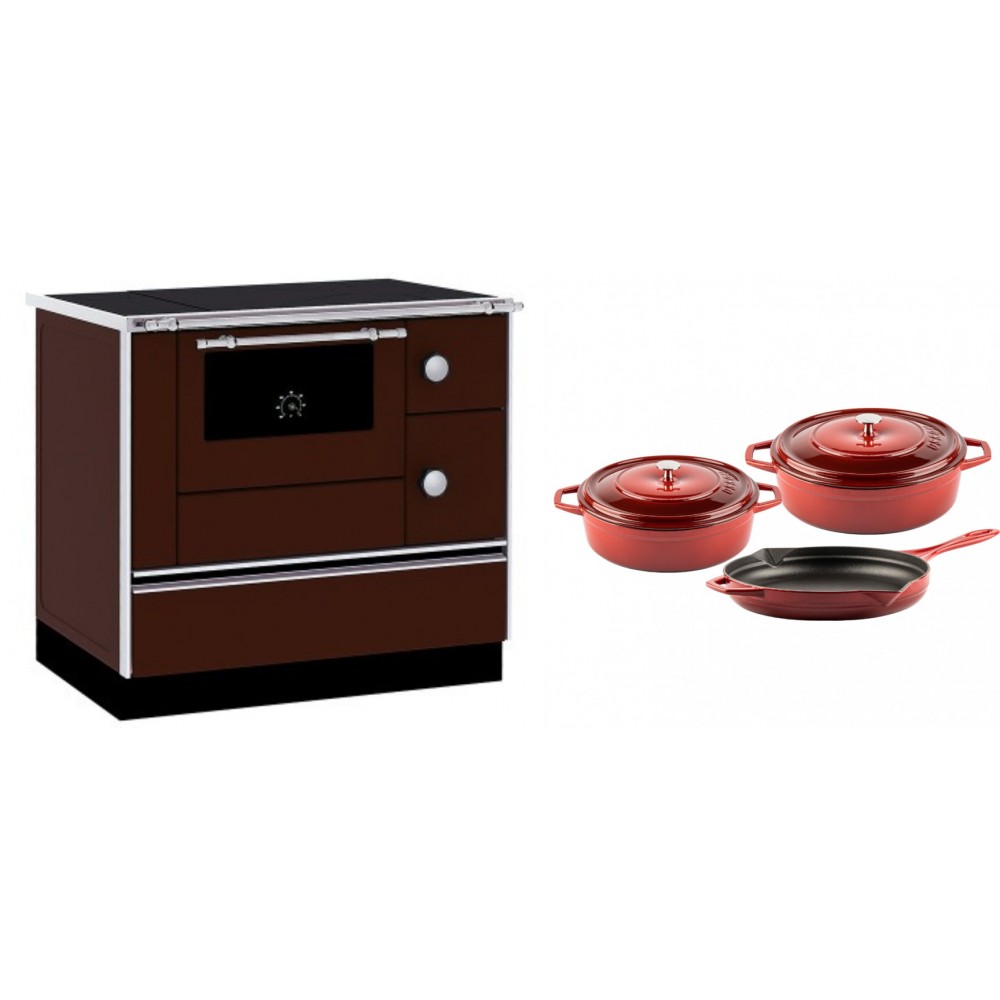 Set Küchenofen / Küchenhexe mit Backofen und Kochplatte Alfa Plam, Modell Alfa 90 H Favorit Braun, Leistung 6.4kW + Gusseisen Topf Set aus 3 teilen Solagio, Rubin | Kaminofen - Holzofen mit Backfach | Kaminofen |