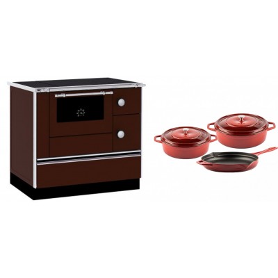 Set Küchenofen / Küchenhexe mit Backofen und Kochplatte Alfa Plam, Modell Alfa 90 H Favorit Braun, Leistung 6.4kW + Gusseisen Topf Set aus 3 teilen Solagio, Rubin - Kaminofen - Holzofen mit Backfach