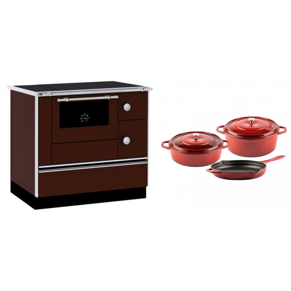Set Küchenofen / Küchenhexe mit Backofen und Kochplatte Alfa Plam, Modell Alfa 90 H Favorit Braun, Leistung 6.4kW + Gusseisen Topf Set aus 3 teilen Solagio, Rubin | Kaminofen - Holzofen mit Backfach | Kaminofen |
