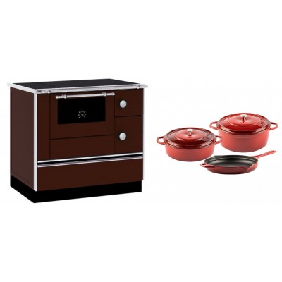 Set Küchenofen / Küchenhexe mit Backofen und Kochplatte Alfa Plam, Modell Alfa 90 H Favorit Braun, Leistung 6.4kW + Gusseisen Topf Set aus 3 teilen Solagio, Rubin - Kaminofen - Holzofen mit Backfach