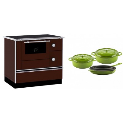 Set Küchenofen / Küchenhexe mit Backofen und Kochplatte Alfa Plam, Modell Alfa 90 H Favorit Braun, Leistung 6.4kW + Gusseisen Topf Set aus 3 teilen Solagio, Bamboo - Kaminofen - Holzofen mit Backfach