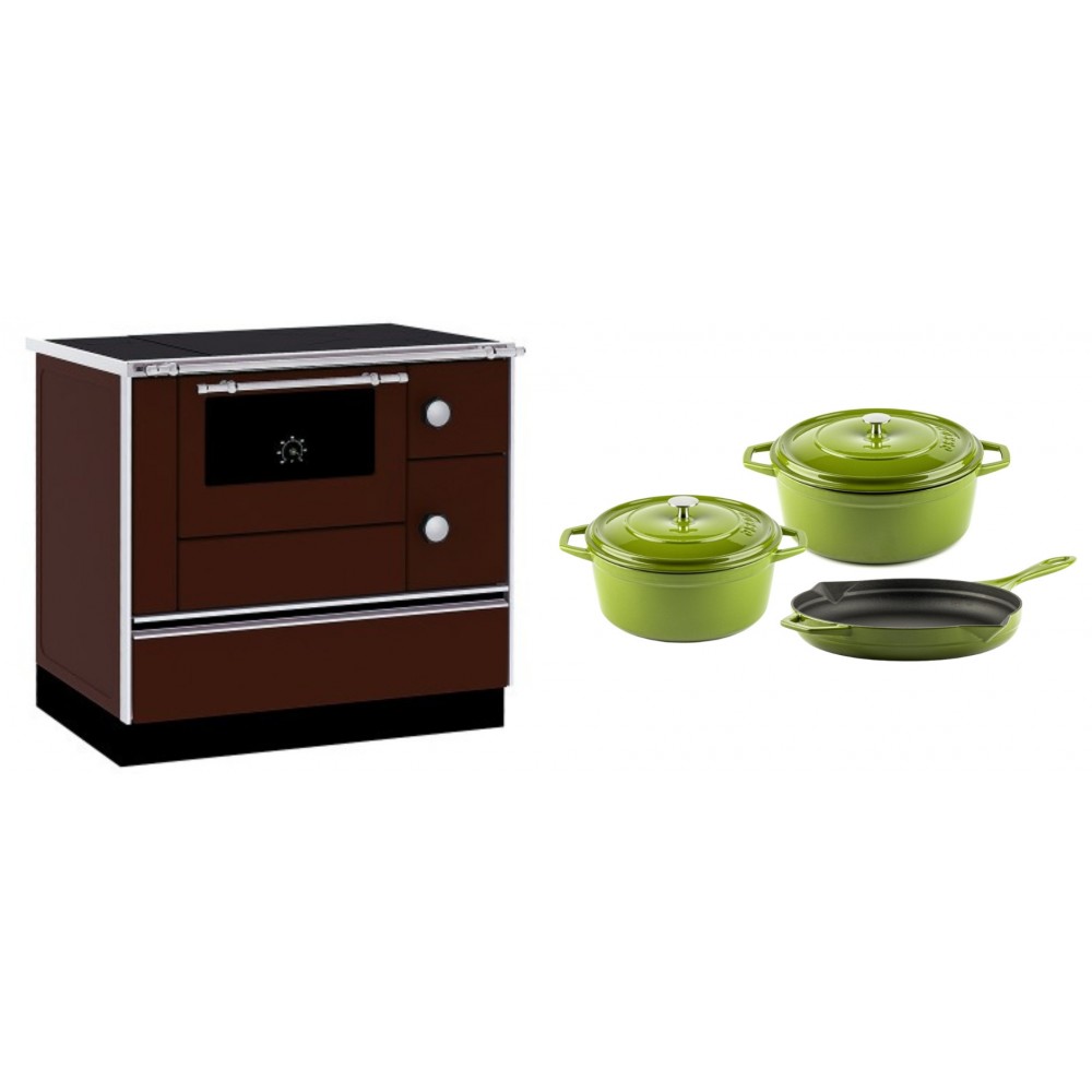 Set Küchenofen / Küchenhexe mit Backofen und Kochplatte Alfa Plam, Modell Alfa 90 H Favorit Braun, Leistung 6.4kW + Gusseisen Topf Set aus 3 teilen Solagio, Bamboo