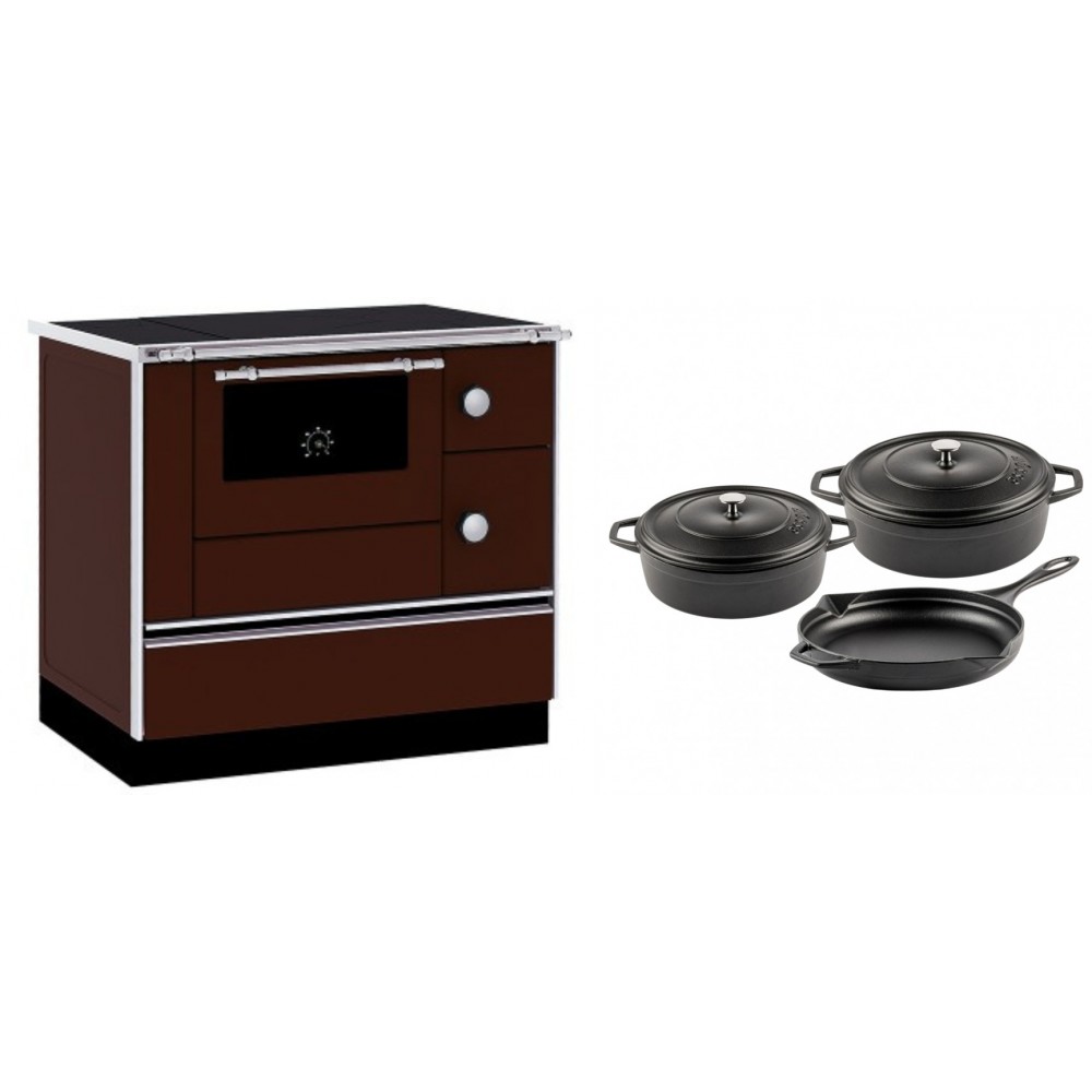 Set Küchenofen / Küchenhexe mit Backofen und Kochplatte Alfa Plam, Modell Alfa 90 H Favorit Braun, Leistung 6.4kW + Gusseisen Topf Set aus 3 teilen Solagio, Black Onyx