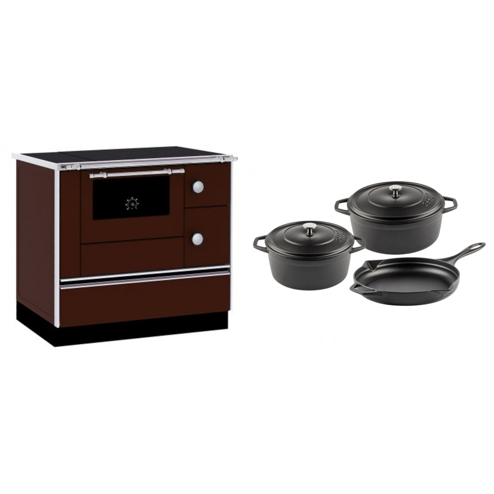 Set Küchenofen / Küchenhexe mit Backofen und Kochplatte Alfa Plam, Modell Alfa 90 H Favorit Braun, Leistung 6.4kW + Gusseisen Topf Set aus 3 teilen Solagio, Black Onyx | Kaminofen - Holzofen mit Backfach | Kaminofen |