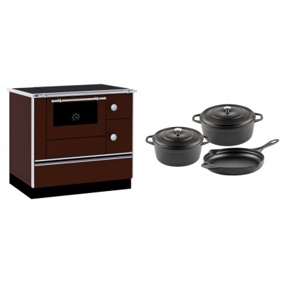 Set Küchenofen / Küchenhexe mit Backofen und Kochplatte Alfa Plam, Modell Alfa 90 H Favorit Braun, Leistung 6.4kW + Gusseisen Topf Set aus 3 teilen Solagio, Black Onyx - Kaminofen - Holzofen mit Backfach