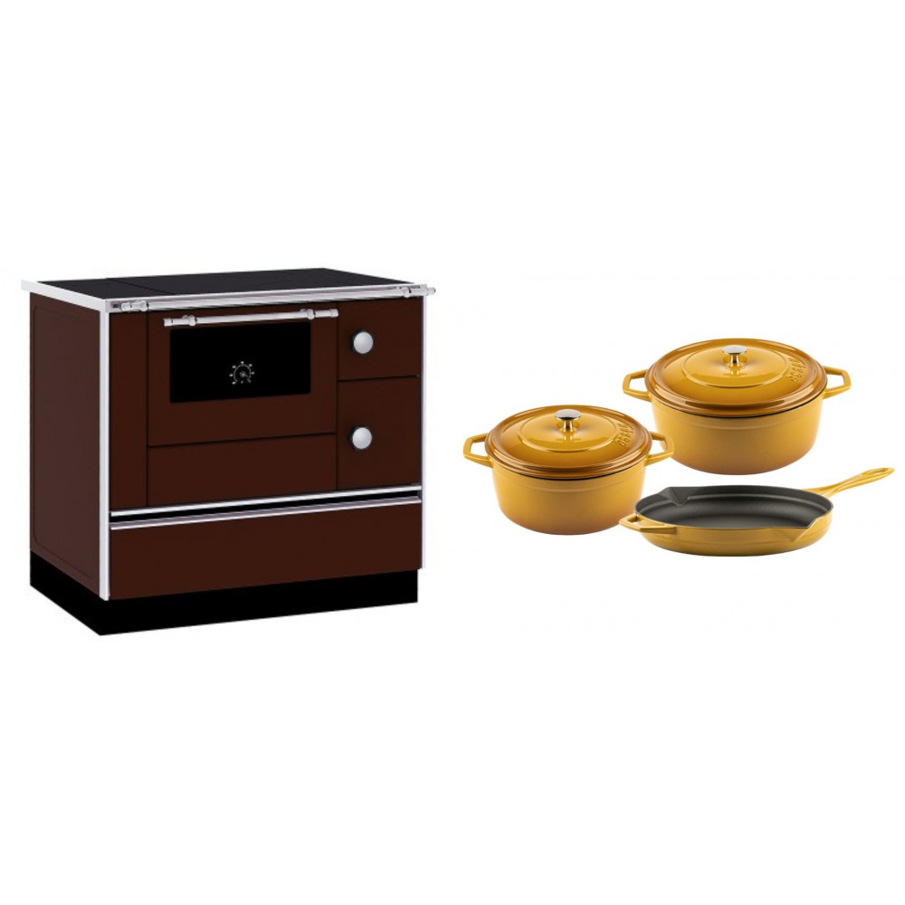 Set Küchenofen / Küchenhexe mit Backofen und Kochplatte Alfa Plam, Modell Alfa 90 H Favorit Braun, Leistung 6.4kW + Gusseisen Topf Set aus 3 teilen Solagio, Dijon | Kaminofen - Holzofen mit Backfach | Kaminofen |