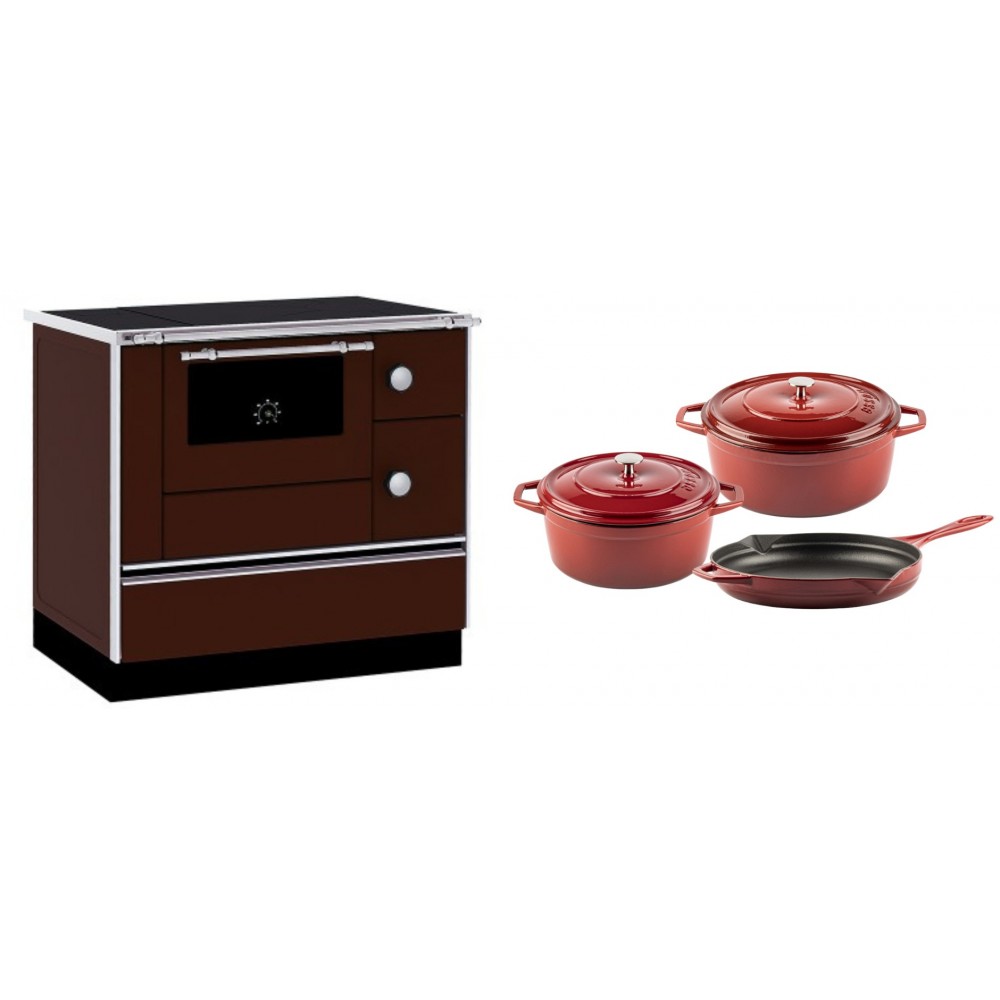 Set Küchenofen / Küchenhexe mit Backofen und Kochplatte Alfa Plam, Modell Alfa 90 H Favorit Braun, Leistung 6.4kW + Gusseisen Topf Set aus 3 teilen Solagio, Rubin | Kaminofen - Holzofen mit Backfach | Kaminofen |