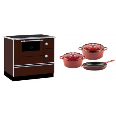Set Küchenofen / Küchenhexe mit Backofen und Kochplatte Alfa Plam, Modell Alfa 90 H Favorit Braun, Leistung 6.4kW + Gusseisen Topf Set aus 3 teilen Solagio, Rubin - Kaminofen - Holzofen mit Backfach