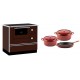 Set Küchenofen / Küchenhexe mit Backofen und Kochplatte Alfa Plam, Modell Alfa 90 H Favorit Braun, Leistung 6.4kW + Gusseisen Topf Set aus 3 teilen Solagio, Rubin | Kaminofen - Holzofen mit Backfach | Kaminofen |