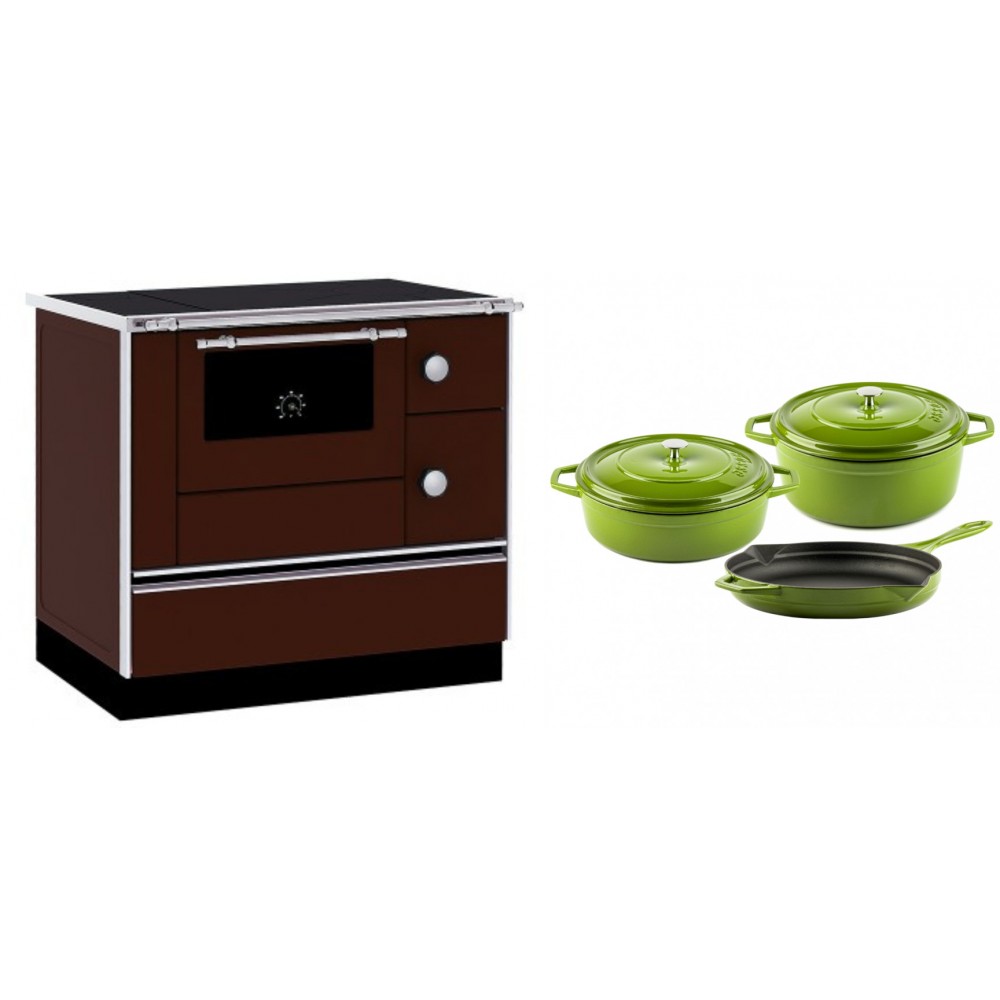 Set Küchenofen / Küchenhexe mit Backofen und Kochplatte Alfa Plam, Modell Alfa 90 H Favorit Braun, Leistung 6.4kW + Gusseisen Topf Set aus 3 teilen Solagio, Bamboo | Kaminofen - Holzofen mit Backfach | Kaminofen |