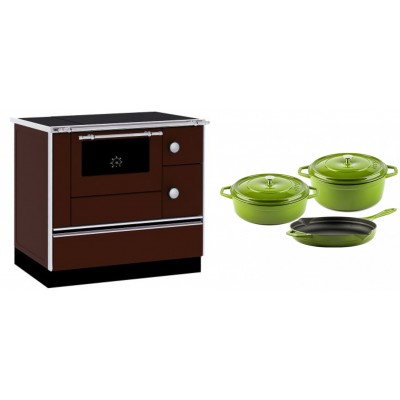 Set Küchenofen / Küchenhexe mit Backofen und Kochplatte Alfa Plam, Modell Alfa 90 H Favorit Braun, Leistung 6.4kW + Gusseisen Topf Set aus 3 teilen Solagio, Bamboo - Kaminofen - Holzofen mit Backfach