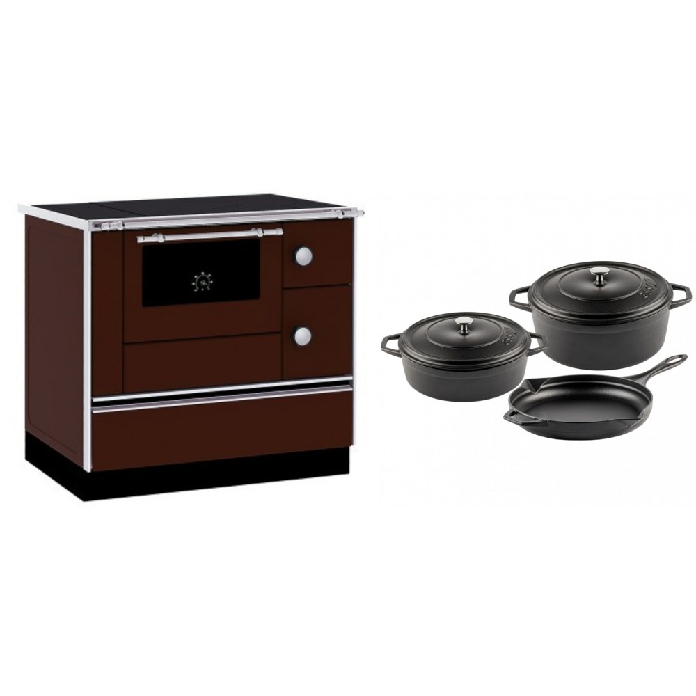 Set Küchenofen / Küchenhexe mit Backofen und Kochplatte Alfa Plam, Modell Alfa 90 H Favorit Braun, Leistung 6.4kW + Gusseisen Topf Set aus 3 teilen Solagio, Black Onyx | Kaminofen - Holzofen mit Backfach | Kaminofen |