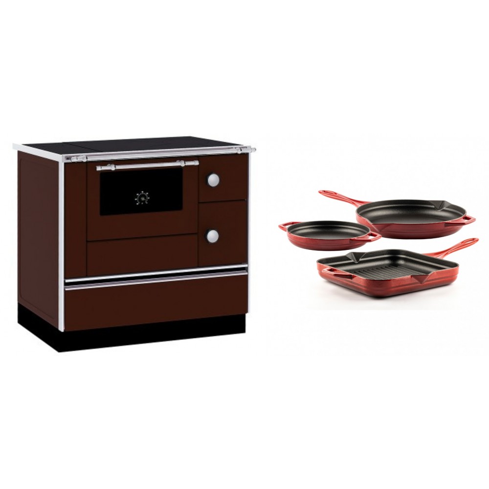 Set Küchenofen / Küchenhexe mit Backofen und Kochplatte Alfa Plam, Modell Alfa 90 H Favorit Braun, Leistung 6.4kW + Gusseisen Topf Set aus 3 teilen Solagio, Rubin | Kaminofen - Holzofen mit Backfach | Kaminofen |