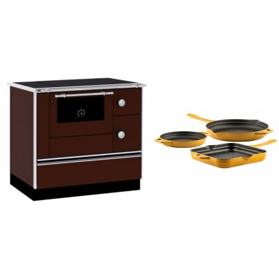 Set Küchenofen / Küchenhexe mit Backofen und Kochplatte Alfa Plam, Modell Alfa 90 H Favorit Braun, Leistung 6.4kW + Gusseisen Topf Set aus 3 teilen Solagio, Dijon - Kaminofen - Holzofen mit Backfach