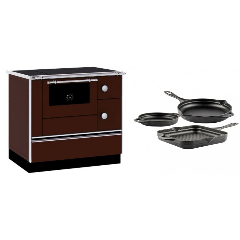 Set Küchenofen / Küchenhexe mit Backofen und Kochplatte Alfa Plam, Modell Alfa 90 H Favorit Braun, Leistung 6.4kW + Gusseisen Topf Set aus 3 teilen Solagio, Black Onyx | Kaminofen - Holzofen mit Backfach | Kaminofen |