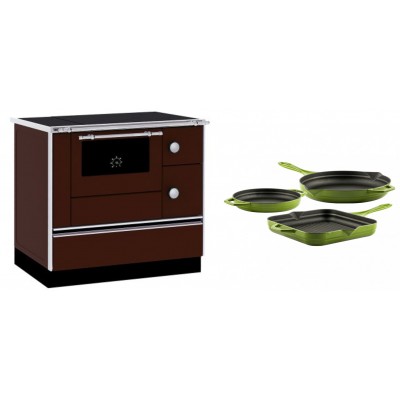 Set Küchenofen / Küchenhexe mit Backofen und Kochplatte Alfa Plam, Modell Alfa 90 H Favorit Braun, Leistung 6.4kW + Gusseisen Topf Set aus 3 teilen Solagio, Bamboo - Kaminofen - Holzofen mit Backfach