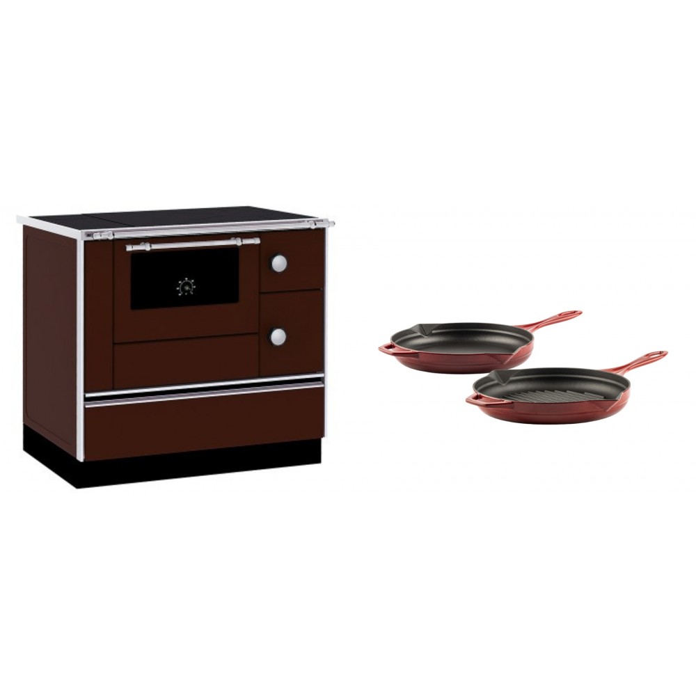 Set Küchenofen / Küchenhexe mit Backofen und Kochplatte Alfa Plam, Modell Alfa 90 H Favorit Braun, Leistung 6.4kW + Gusseisen Topf Set aus 2 teilen Solagio, Rubin | Kaminofen - Holzofen mit Backfach | Kaminofen |