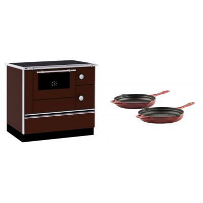 Set Küchenofen / Küchenhexe mit Backofen und Kochplatte Alfa Plam, Modell Alfa 90 H Favorit Braun, Leistung 6.4kW + Gusseisen Topf Set aus 2 teilen Solagio, Rubin - Kaminofen - Holzofen mit Backfach
