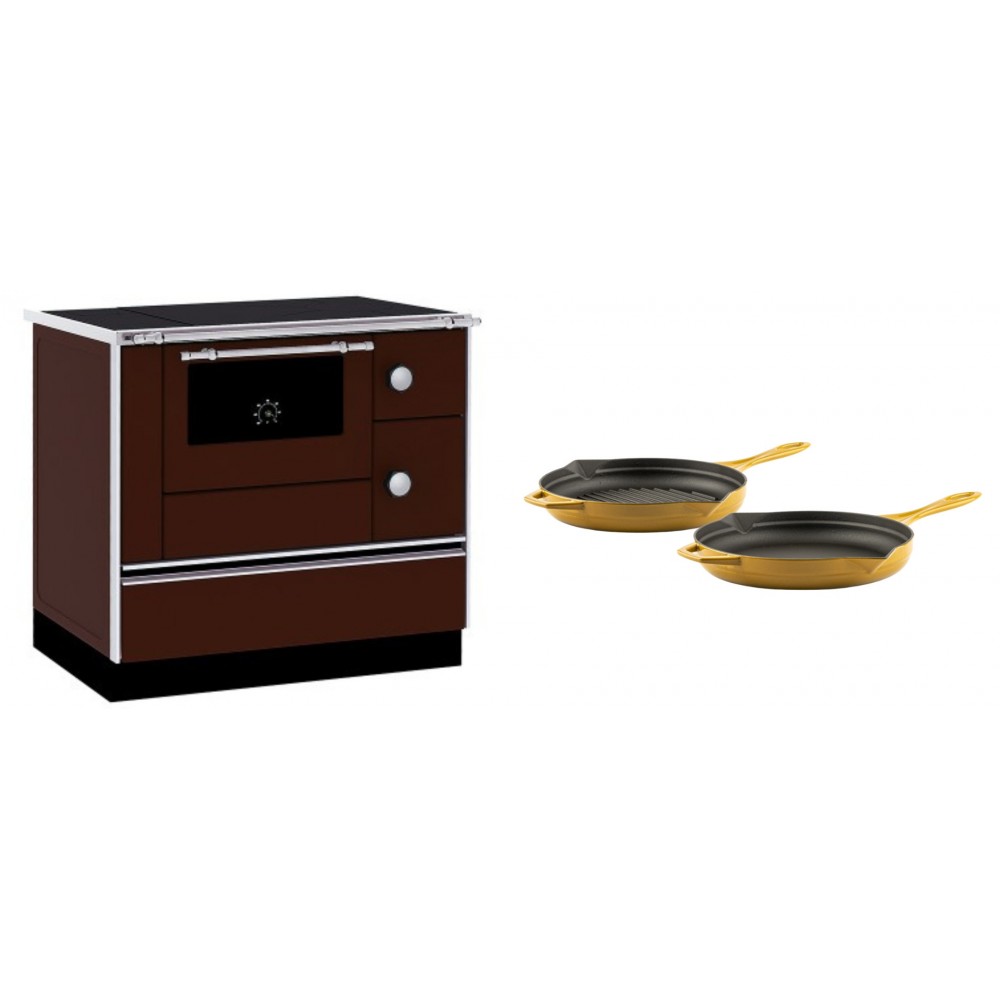 Set Küchenofen / Küchenhexe mit Backofen und Kochplatte Alfa Plam, Modell Alfa 90 H Favorit Braun, Leistung 6.4kW + Gusseisen Topf Set aus 2 teilen Solagio, Dijon | Kaminofen - Holzofen mit Backfach | Kaminofen |