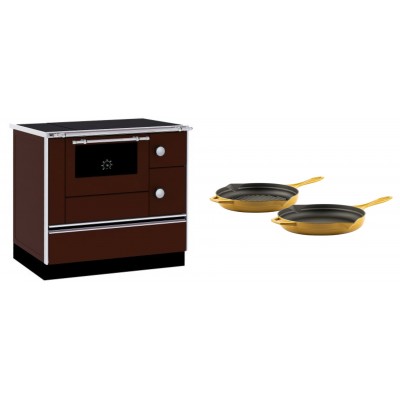 Set Küchenofen / Küchenhexe mit Backofen und Kochplatte Alfa Plam, Modell Alfa 90 H Favorit Braun, Leistung 6.4kW + Gusseisen Topf Set aus 2 teilen Solagio, Dijon - Kaminofen - Holzofen mit Backfach