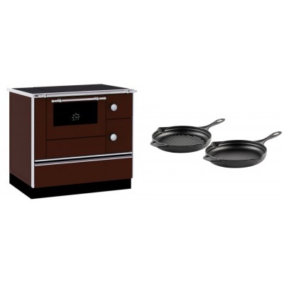 Set Küchenofen / Küchenhexe mit Backofen und Kochplatte Alfa Plam, Modell Alfa 90 H Favorit Braun, Leistung 6.4kW + Gusseisen Topf Set aus 2 teilen Solagio, Black Onyx - Kaminofen - Holzofen mit Backfach